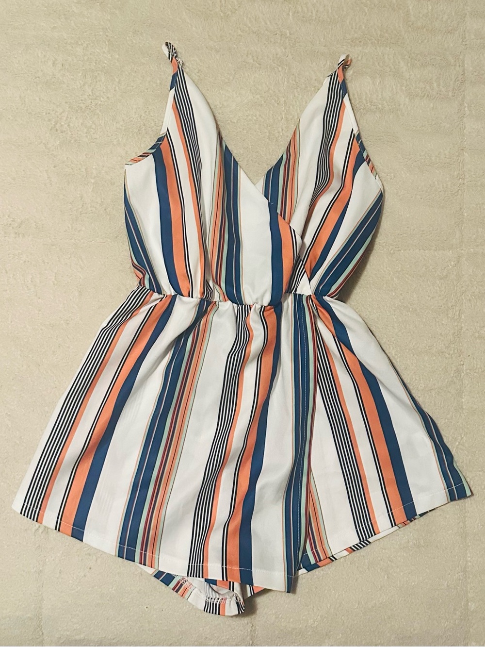 Striped V-Neck Romper in White, Blue & Orange